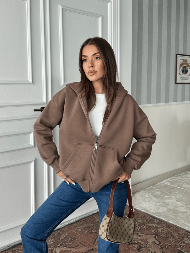 Fermuarlı Cepli Sweat - Kahve