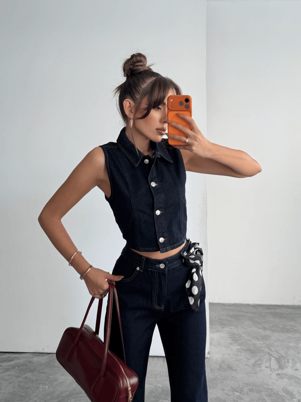 Crop Denim Yelek - Lacivert