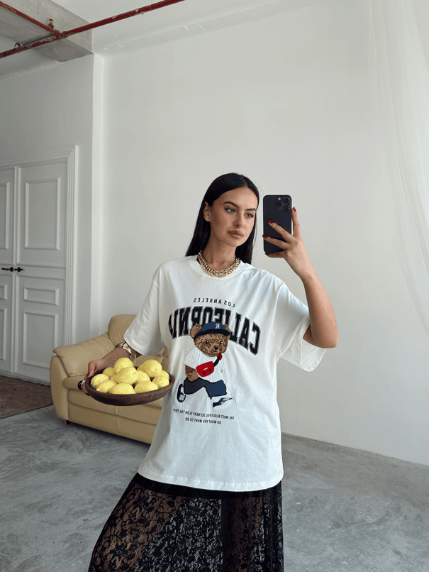 Oversize Bear Nakışlı T-shirt - Ekru