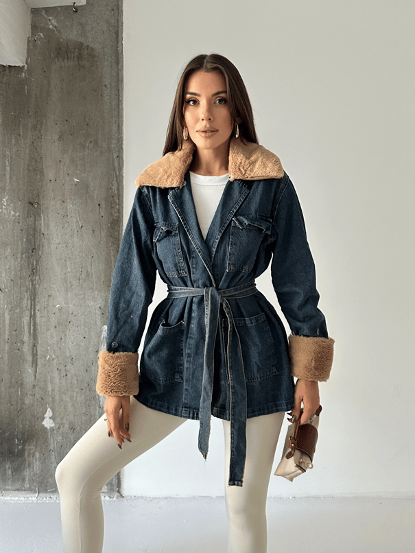 Yakası Kürklü Denim Ceket - Lacivert