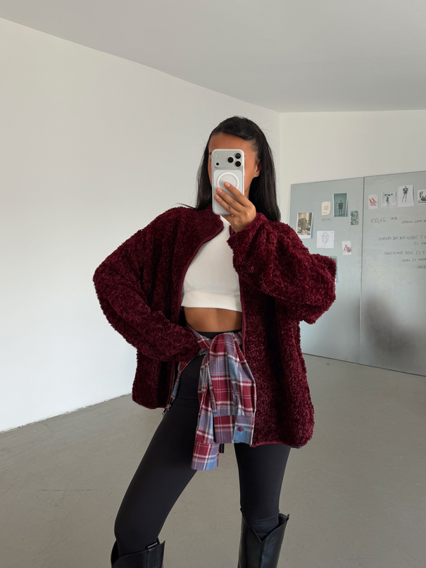 Peluş Dokulu Fermuarlı Ceket - Bordo