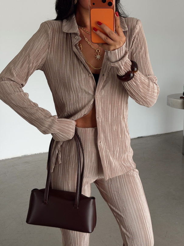 Piliseli Gömlek Pantolon Takım - Taş