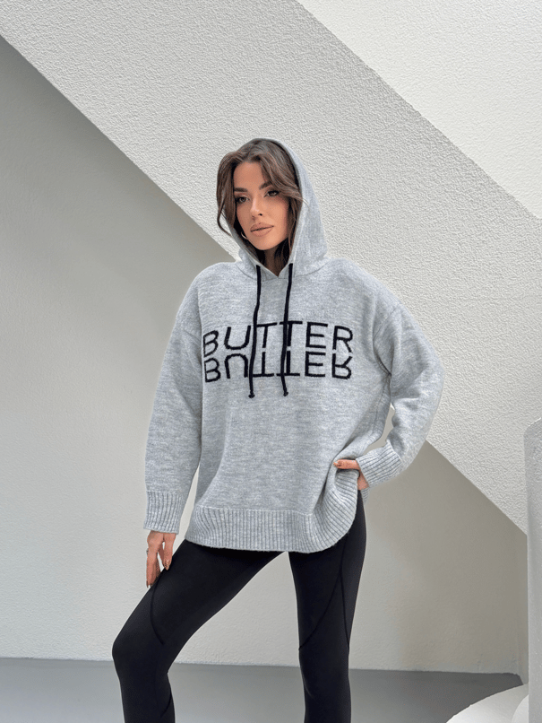 Kapüşonlu Butter Triko Kazak - Gri