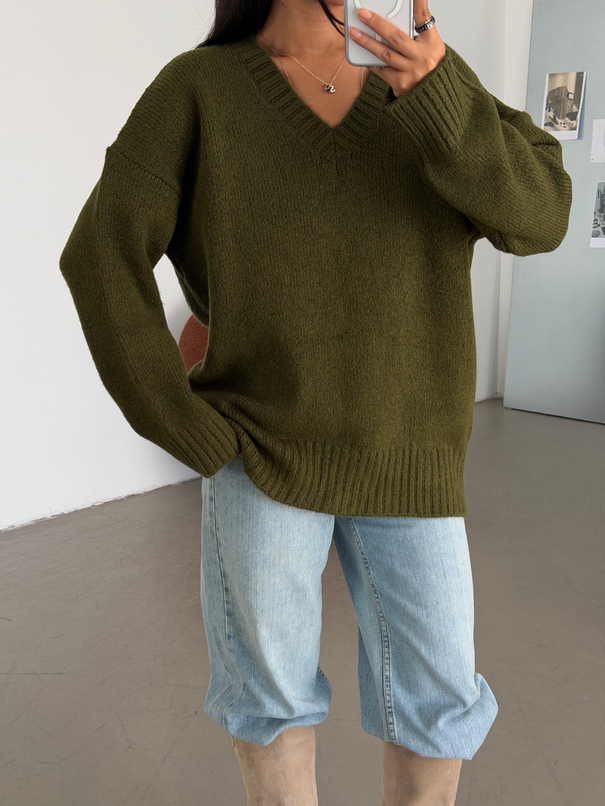 Oversize V Yaka Kazak - Haki