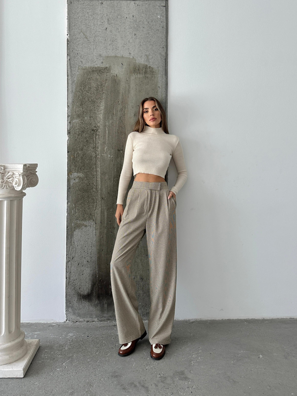 Cırtlı Bel Lastik Pantolon - Ekru