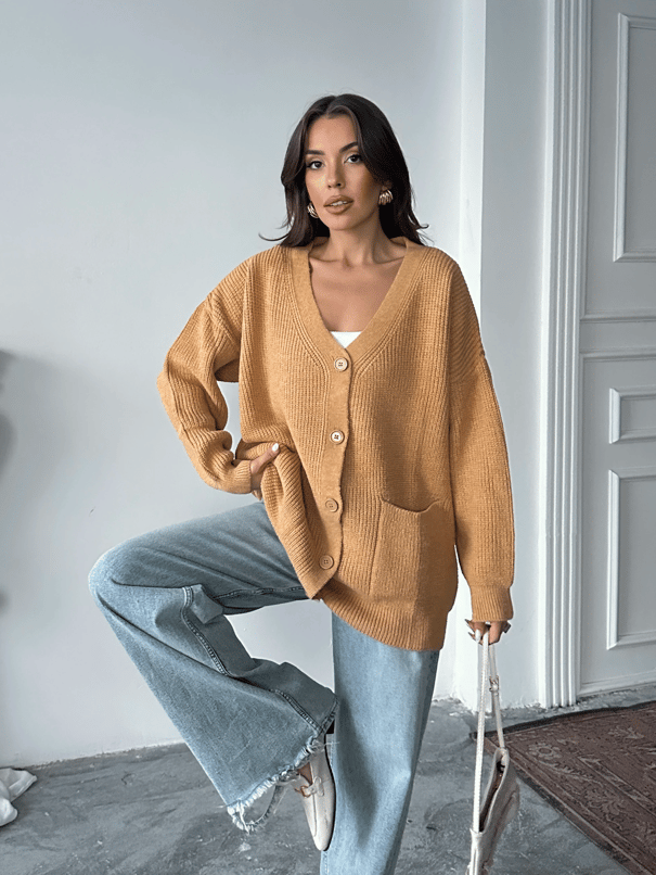 Çift Cepli Kemik Düğme Triko Hırka Hardal - Hardal