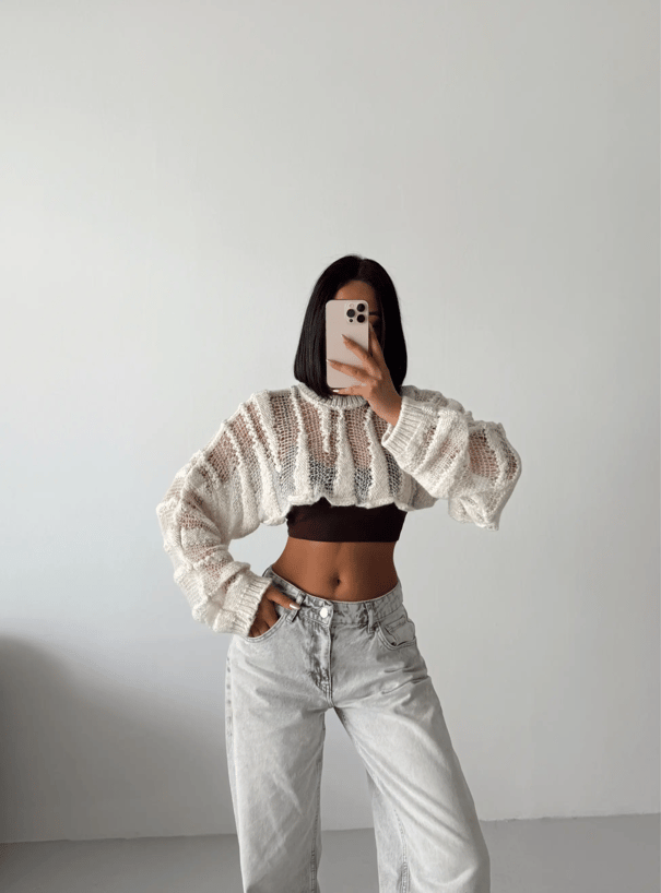 Ajurlu Crop Triko - Krem