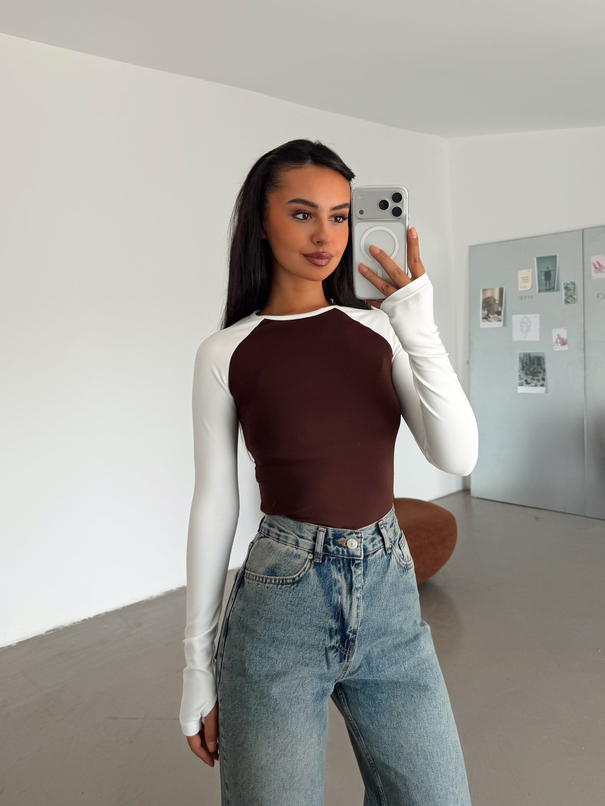 Bisiklet Yaka Kontrast Bodysuıt - Kahve