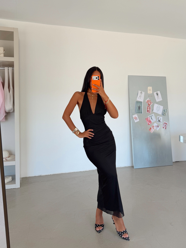 Drape Detaylı Boyundan Bağlamalı Elbise - Siyah