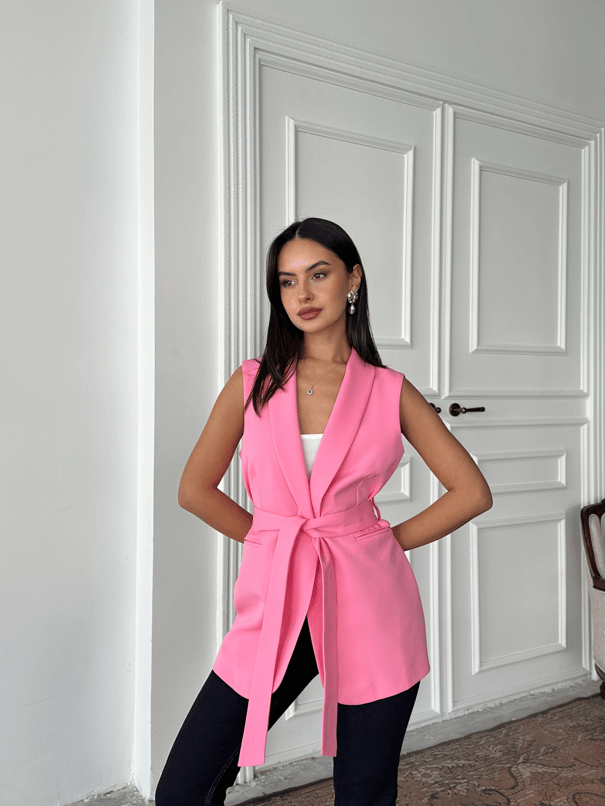 Bağlamalı Blazer Yelek  - Pembe
