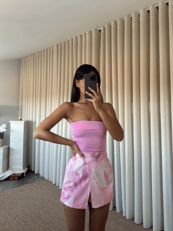 Çiçek Baskılı Mini Şort Etek - Pembe