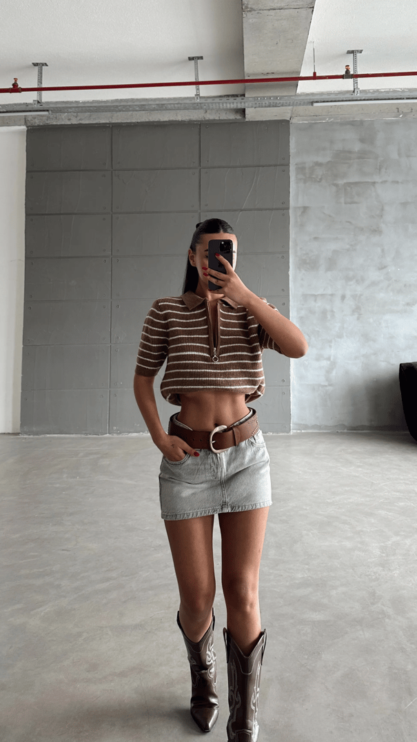 Rayn Çizgili Şardonlu Kısa Kol Triko Taba - Taba