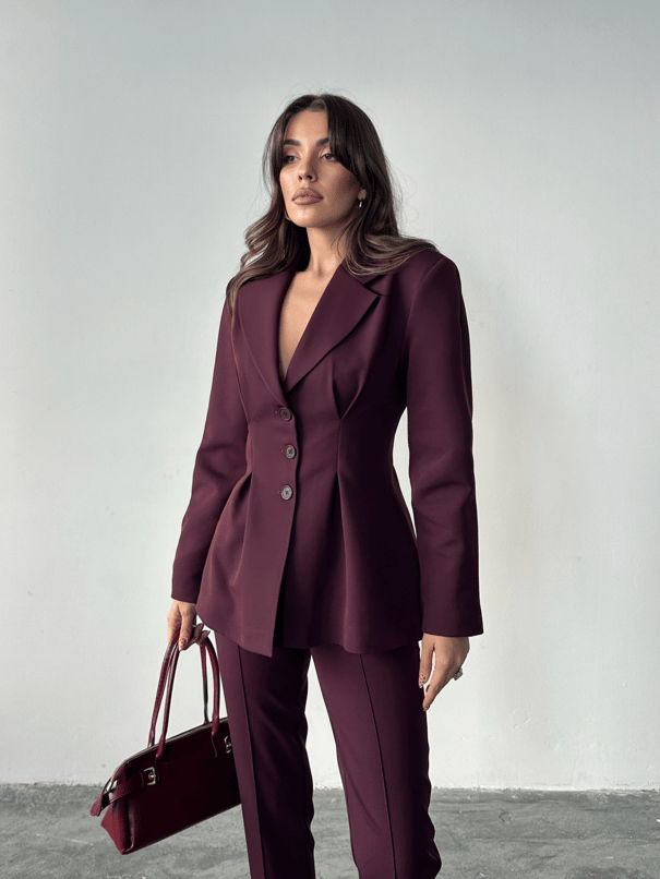 Pile Detay Oturtmalı Blazer Ceket  - Mürdüm