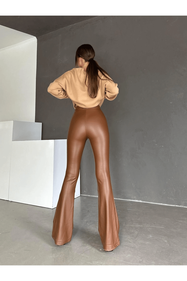Çift Düğme Deri İspanyol Paça Pantolon Taba - Taba
