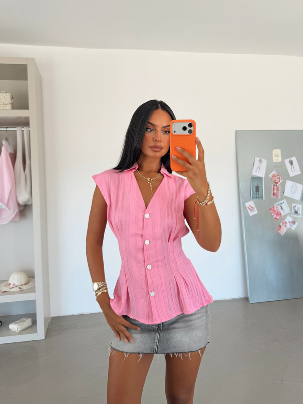 V Yaka Oturtmalı Gömlek - Pembe