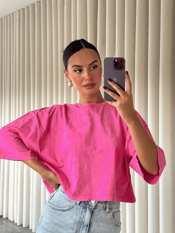 Yıkamalı Düz Crop Basic - Pembe