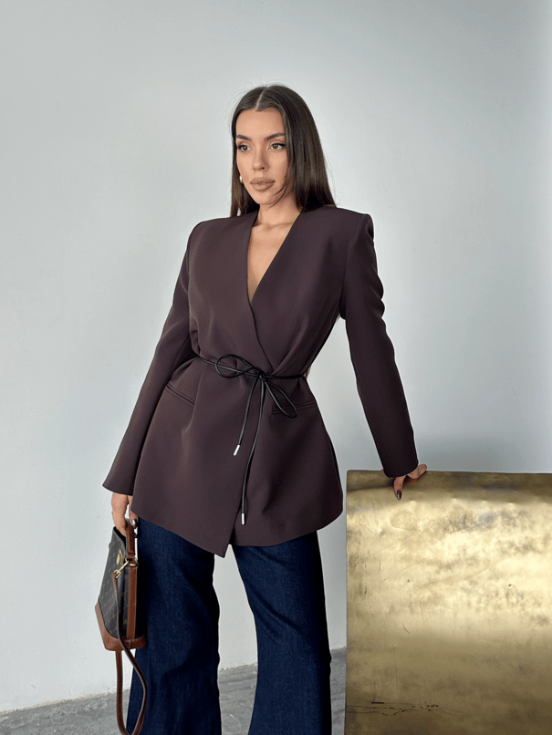 Deri Kemerli Blazer Ceket - Mürdüm