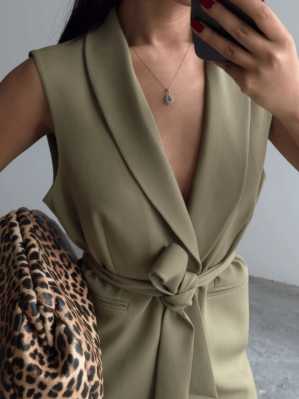 Bağlamalı Blazer Yelek  - Haki Yeşil