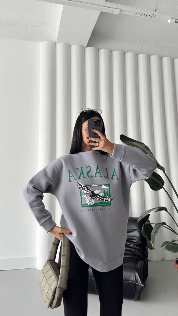 Alaska Üç İplik Şardonlu Oversize Sweat Gri - Gri