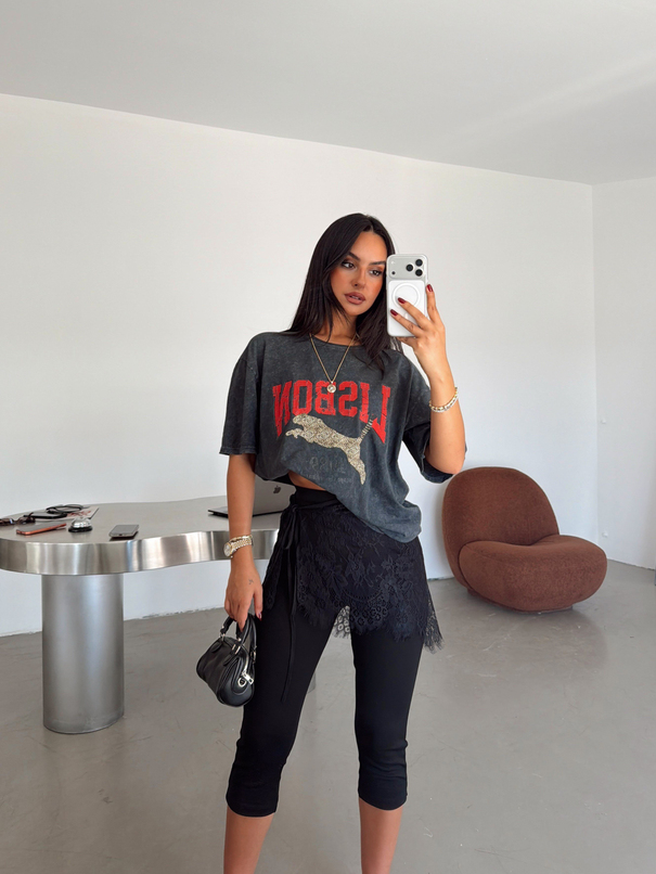 Lisbon Yazılı Basic T-shirt - Füme