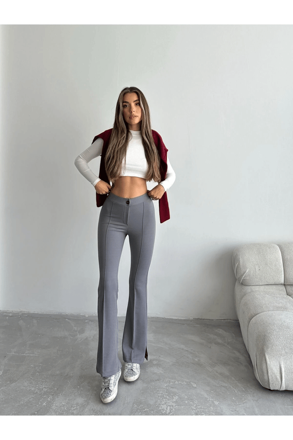 Çimalı Yırtmaç Pantolon Gri - Gri