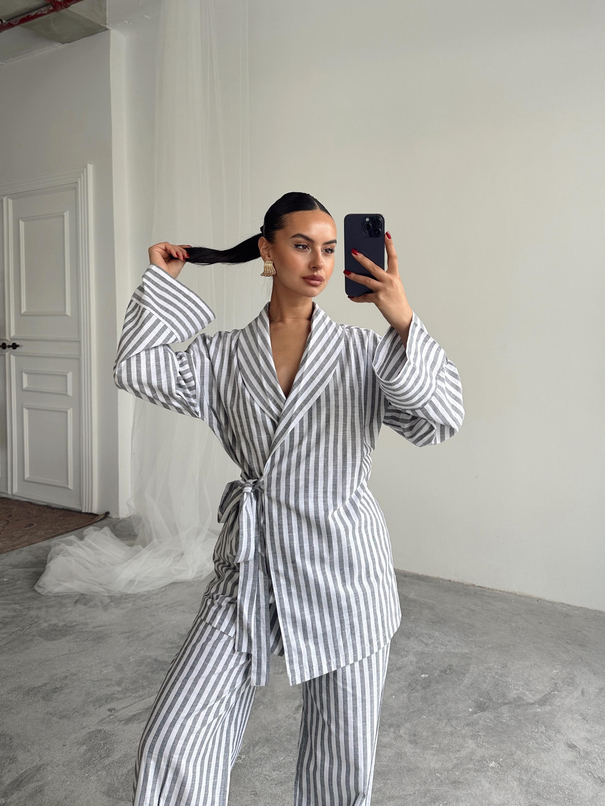 Çizgili Kimono Takım - Füme