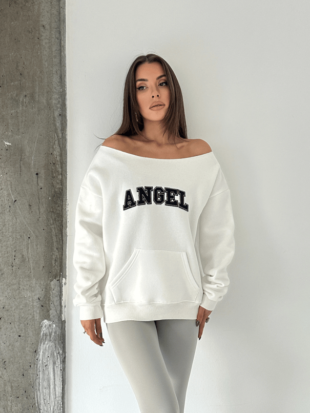 Angel Nakışlı Kayık Yaka Sweat - Beyaz