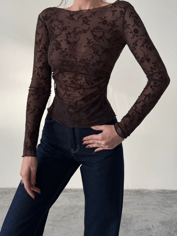 Flok Baskılı Basic Bluz - Kahve