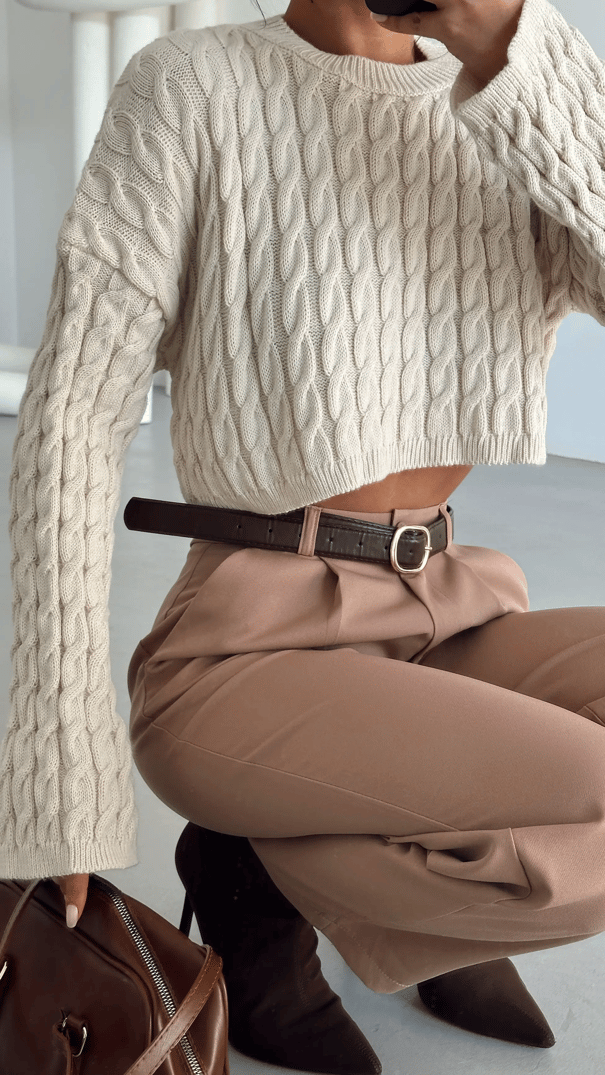 Saç Örgü Triko Crop Kazak Krem - Krem