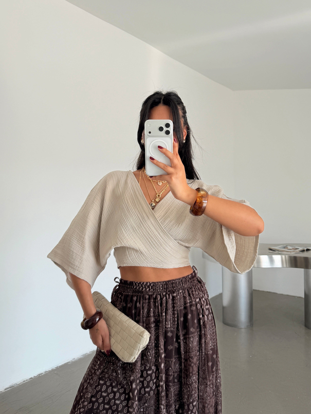 Bağlamalı Müslin Kimono Bluz - Taş