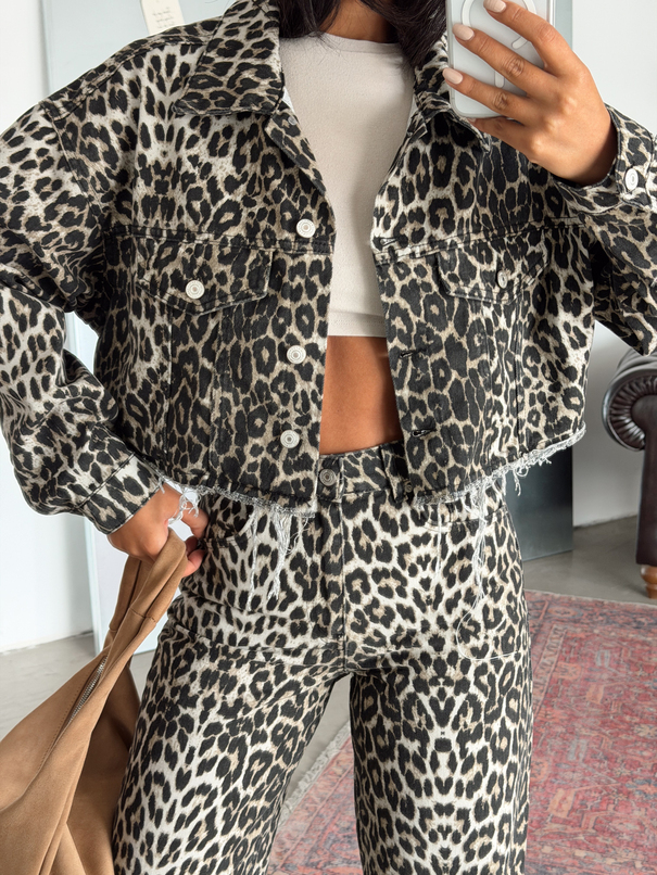 Desenli Crop Kot Ceket - Leopar