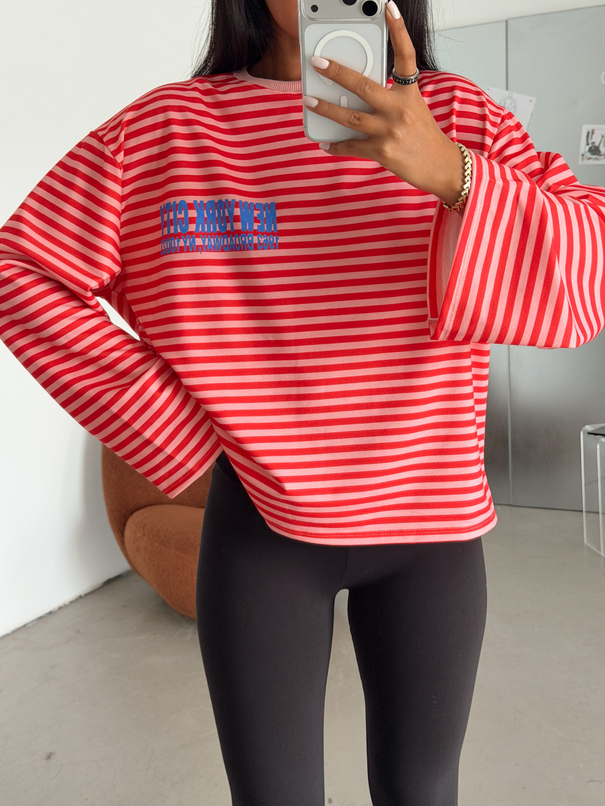 İnce Çizgili New York Baskılı Sweat - Kırmızı-Pembe