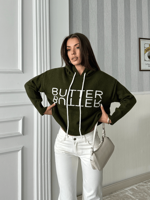Kapüşonlu Butter Triko Kazak - Haki