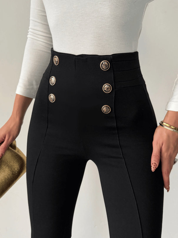 Düğme Detaylı Tayt Pantolon  - Siyah