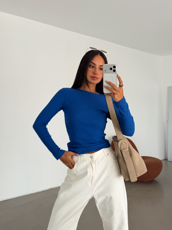 Fitilli Bisiklet Yaka Bluz - Saks Mavi