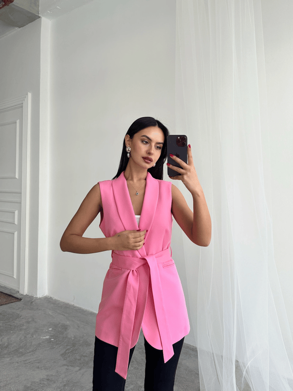 Bağlamalı Blazer Yelek  - Pembe