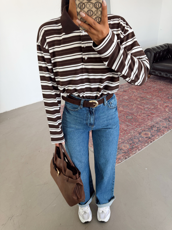 Polo Yaka Çizgili Sweatshirt - Kahve