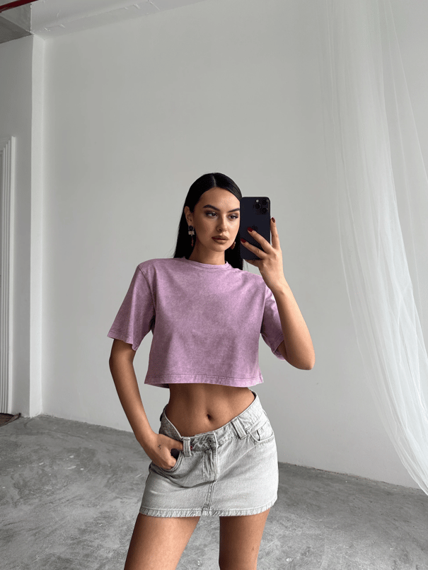 Yıkamalı Vatkalı Crop Basic - Lila