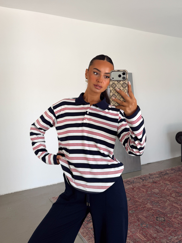 Polo Yaka Çizgili Sweatshirt - Lacivert