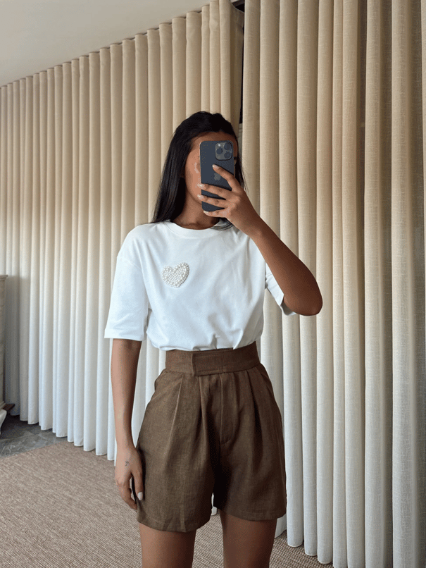 Cırtlı Keten Şort - Kahve