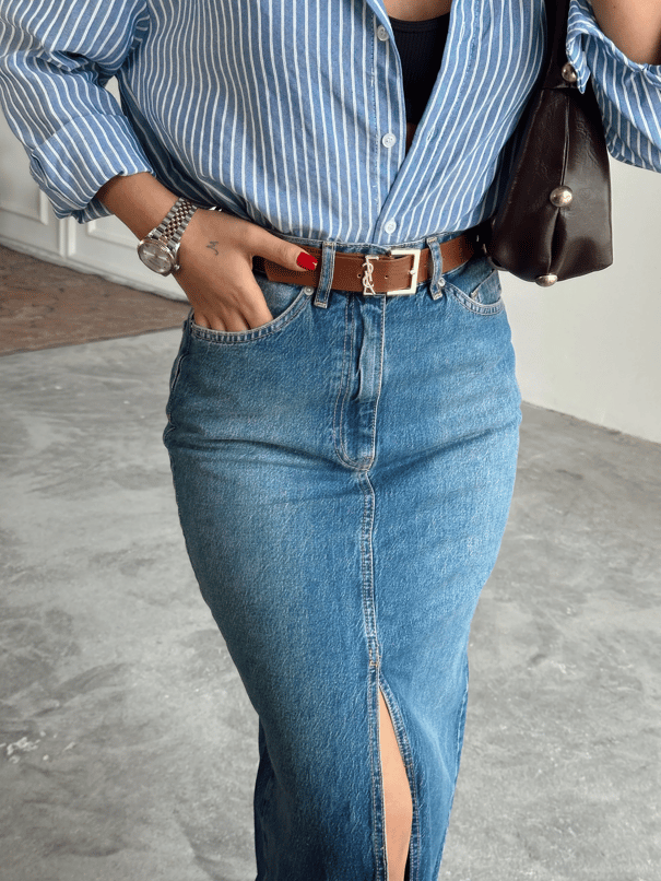 Uzun Ön Yırtmaç Denim Etek - Mavi