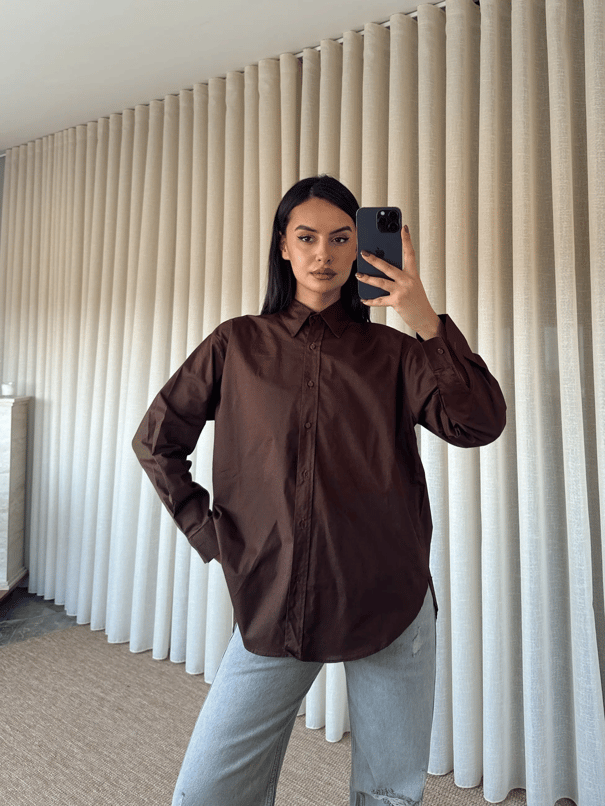 Düz Oversize Gömlek - Kahve