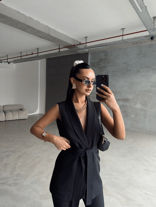 Bağlamalı Blazer Yelek  - Siyah