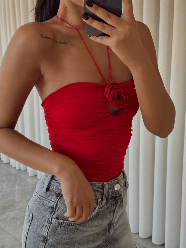 Milla Gül Detay Boyundan Bağlamalı Bodysuit Kırmızı - Kırmızı