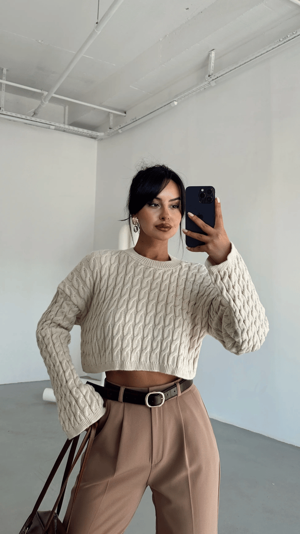 Saç Örgü Triko Crop Kazak Krem - Krem