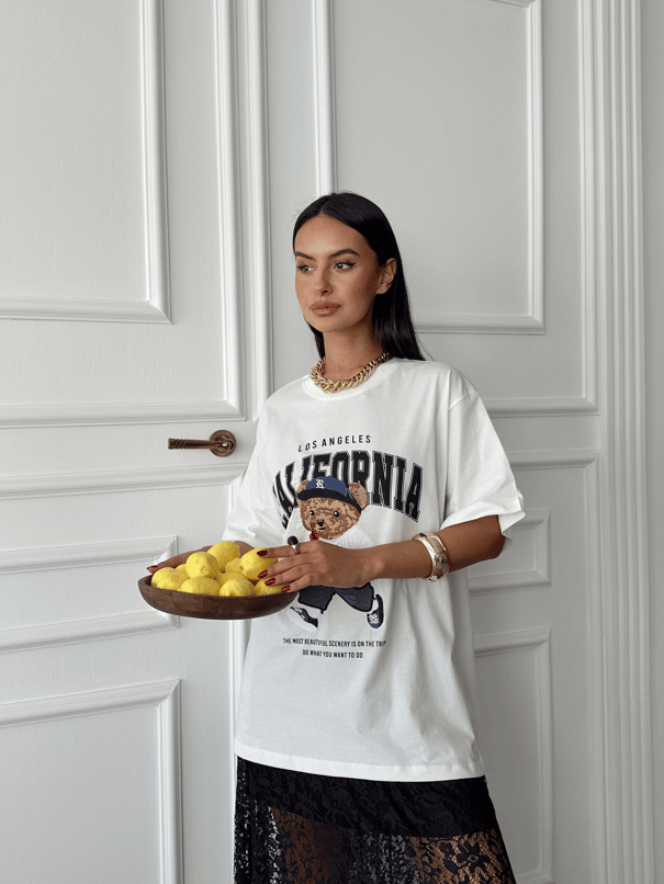 Oversize Bear Nakışlı T-shirt - Ekru