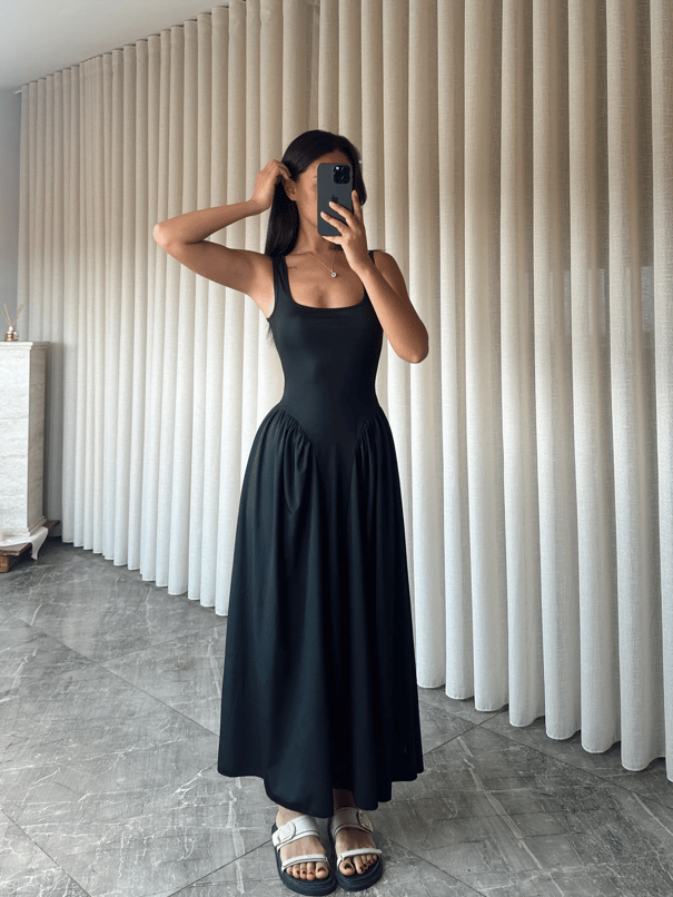 Korse Detaylı Midi Elbise - Siyah