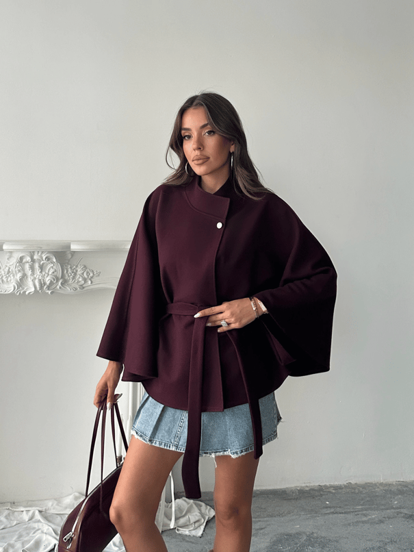 Kaşe Kuşaklı Pelerin Kaban - Bordo