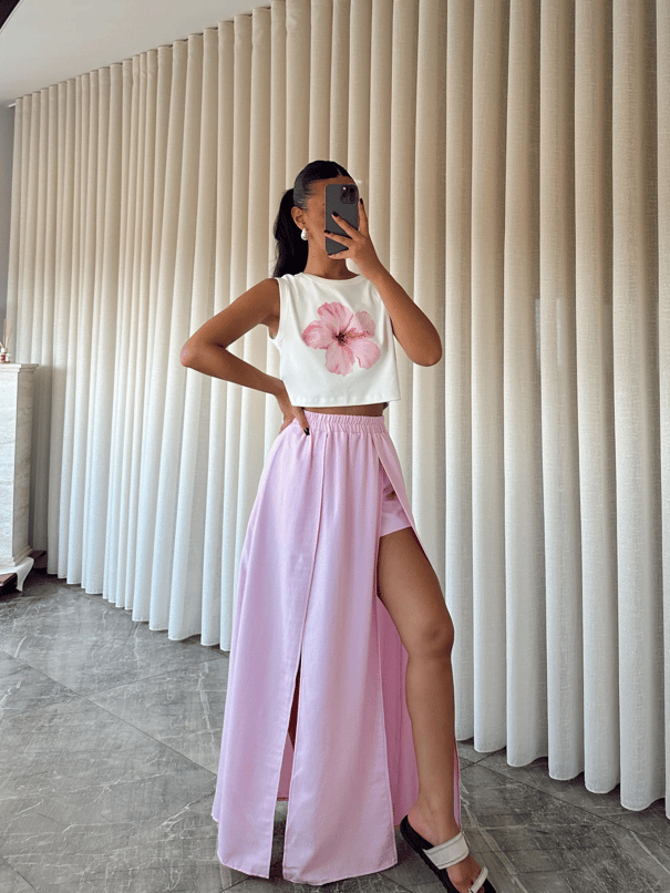 İçi Şortlu Derin Yırtmaç Maxi Etek - Pembe