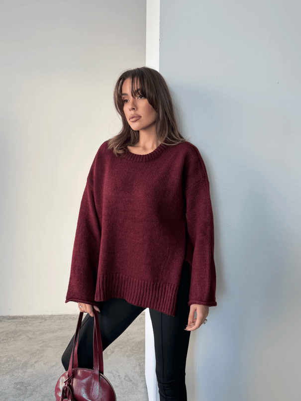 Yırtmaçlı Basic Triko  - Bordo
